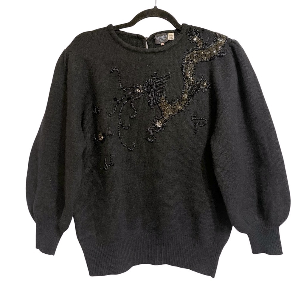 Vintage Oriental Brand Black Sweater Lambswool Beaded Dragon Motif Size 44